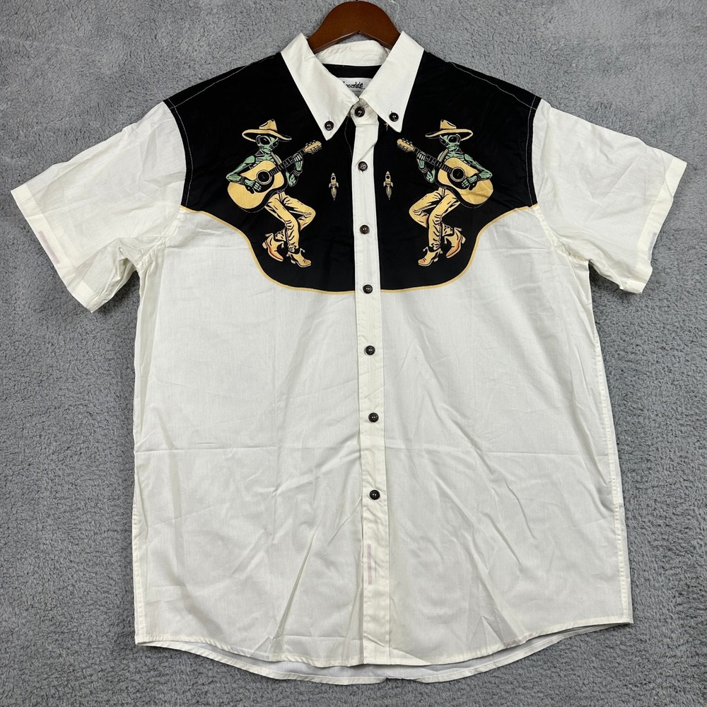 Boozelele Alien Western Shirt Mens XL White Southwest Roswell Rockabilly